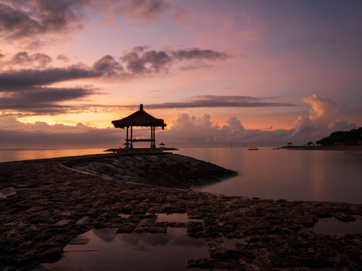 Sanur Beach during scenic sunrise in Bali, Indonesia